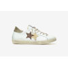 2 STAR SNEAKER LOW IN PELLE BIANCA, DETTAGLI IN CROSTA ORO E LEOPARDATO E ECOFUR PANNA, EFFETTO "USED"