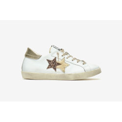 2 STAR SNEAKER LOW IN PELLE BIANCA, DETTAGLI IN CROSTA ORO E LEOPARDATO E ECOFUR PANNA, EFFETTO "USED"