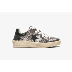 2 STAR SNEAKERS WALK PELLE LAMINATA PIOMBO CON DETTAGLI NERI E BIANCHI