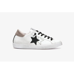 2 STAR SNEAKERS PRIME STAR PELLE BIANCA CON DETTAGLI GRIGI E NERI ED EFFETTO USED