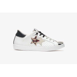 2 STAR SNEAKERS PRIME STAR IN PELLE BIANCA CON DETTAGLI ZEBRATI/LEOPARDATI/NERI