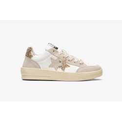 2 STAR SNEAKERS NEW STAR IN PELLE BIANCA CON DETTAGLI IN CROSTA GHIACCIO E DORATO GLITTERATO