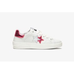 2 STAR SNEAKERS WALK STAR IN PELLE BIANCA CON DETTAGLI FUXIA E ARGENTO